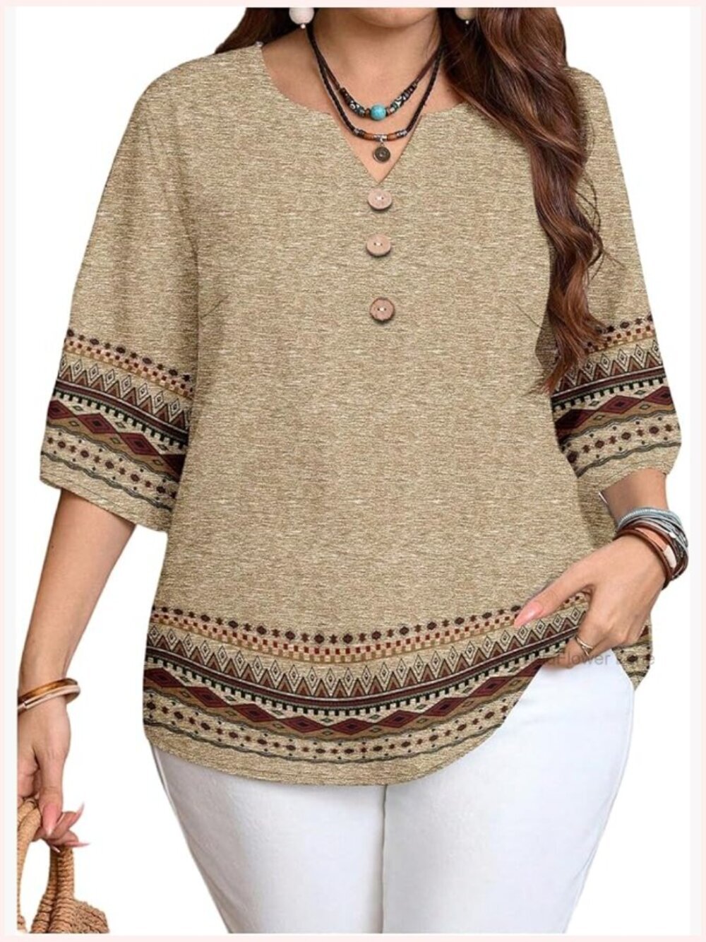 Plus Size V-Neck Blouse with 3/4 Sleeves Geometric Print Soft Lightweight Top